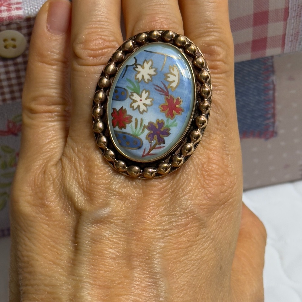Sz 8.25 Amy Kahn Russel Bronze Hand Painted Flower Statement Ring Floral Blue - Picture 5 of 14